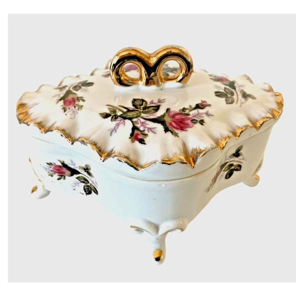 Unbranded Porcelain Floral Trinket Box Footed Jewelry Dish Gold Trim White‎ Pink